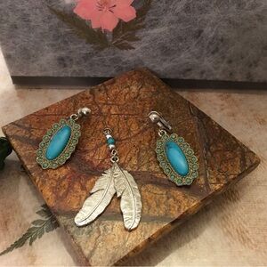 Turquoise earring set with matching feather pendant.